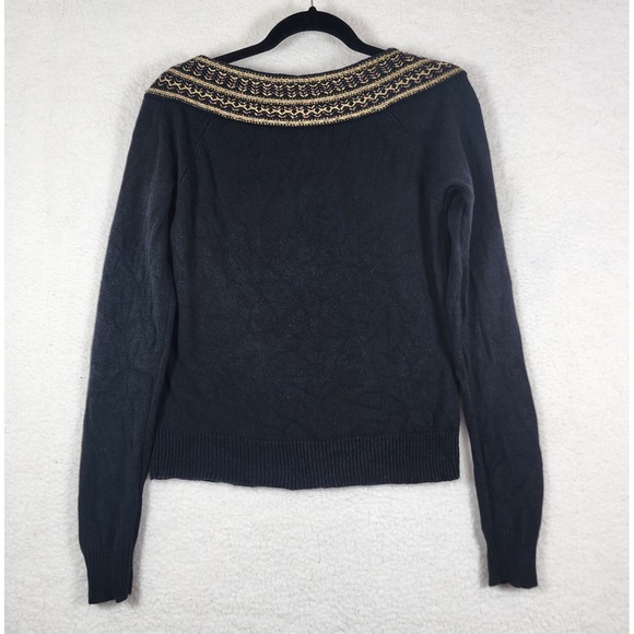Lauren Ralph Lauren Sweater Sz L Black Silk Cashmere Blend Metallic Gold Trim - Picture 2 of 8